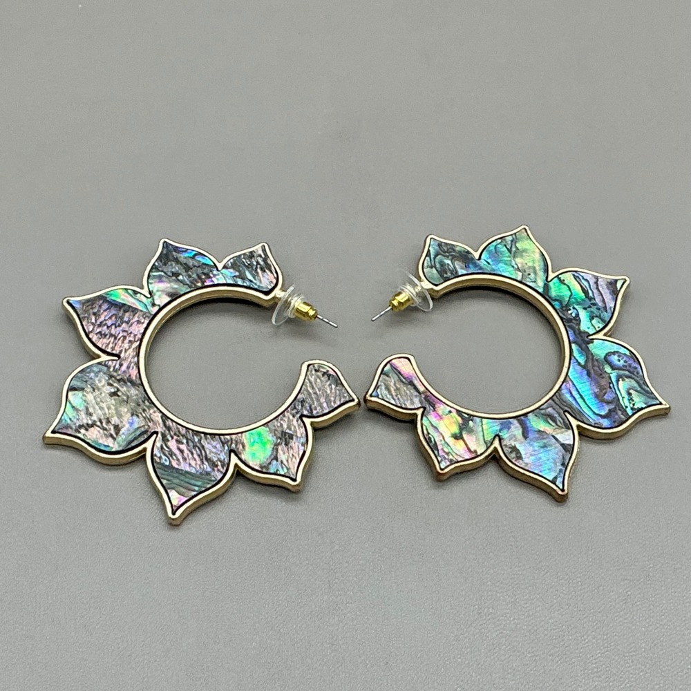 Abalone Hoop Earrings Women Multicolor Iridescent Shell Gold Tone Lotus Flower